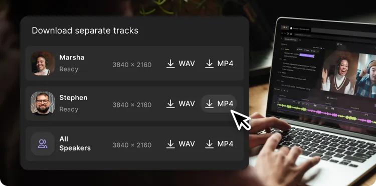 Screen showing download options for separate audio tracks labeled Marsha, Stephen, and All Speakers, with MP4 format selected for Stephen's track.